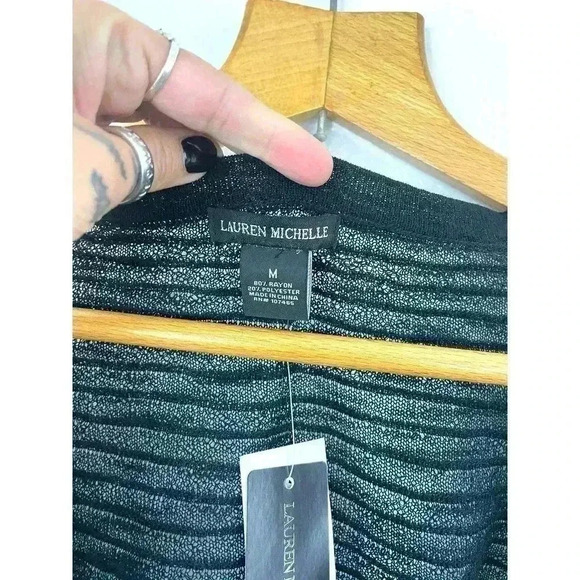 Lauren Michelle Women's Black Sheer Textured Cardigan Sz Medium Open Front - Picture 4 of 6
